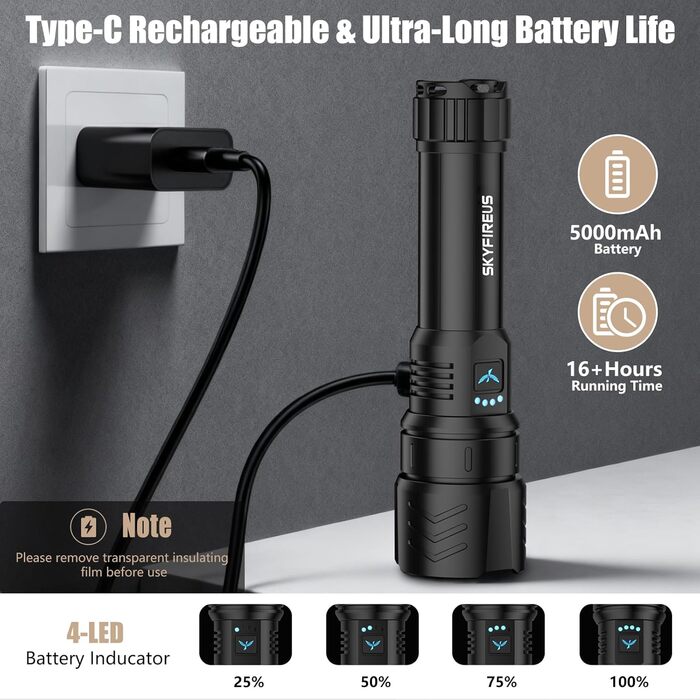 Ліхтар налобний LED Skyfire 900000 Люмен з лінзою для розпалювання вогню, USB, 4 режими яскравості, Zoom, для кемпінгу, надзвичайних ситуацій та походів, чорний