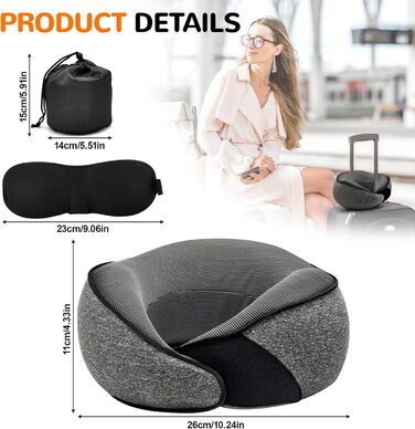 Подушка для шиї у літак, подушка для подорожей Memory Foam 360° підтримка, подушка-вичка з навушниками, маска для сну та сумка. Регульована, компактна подушка для подорожей літаком, автомобілем, поїздом. Чорний колір