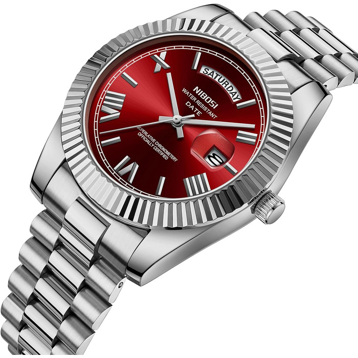Годинник чоловічий NIBOSI - аналоговий кварцовий годинник з нержавіючої сталі. Водонепроникні бізнес-годинники для чоловіків з датою та індикатором дня тижня (срібно-червоний)