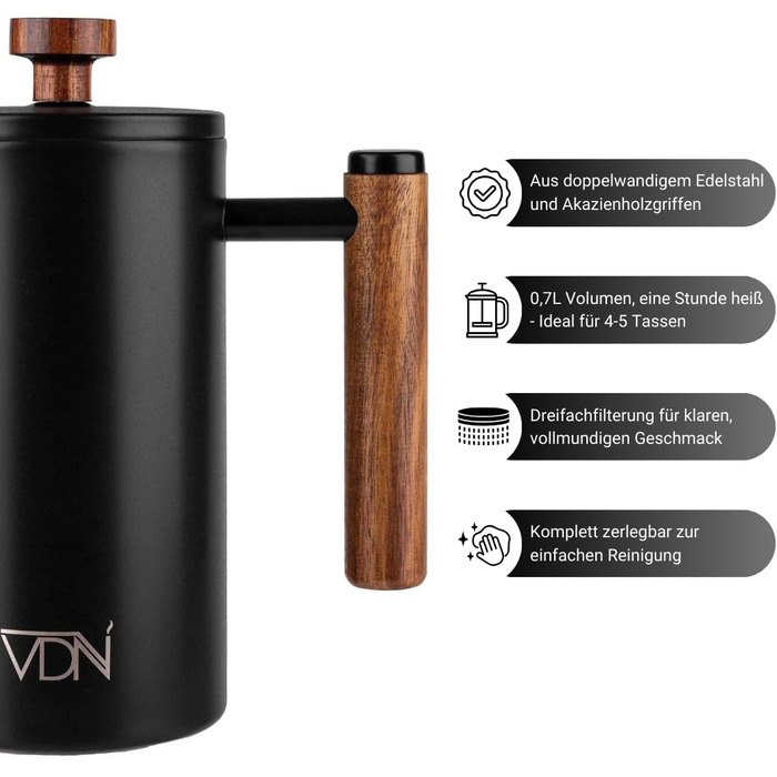 Френч-прес VDN з нержавіючої сталі - 700 мл, 5-6 чашок. Термофренч-прес з подвійними стінками, 3-х рівнева фільтрація, чорний колір