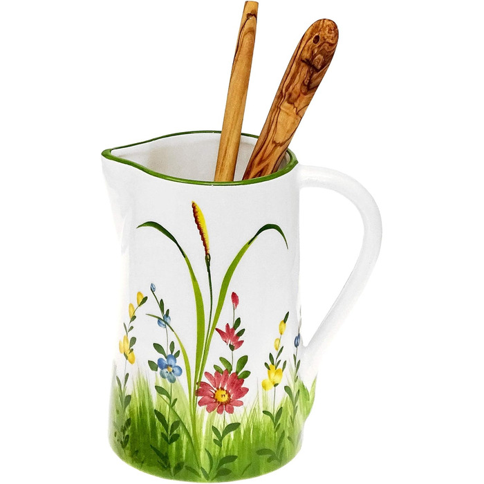 Handmade Italian Ceramic Pitcher Large, Jug with Wildflower Pattern, Pitcher with Handle Height 19 cm, Capacity 1.5 l