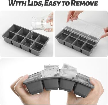 Форми для льоду JRISBO з кришкою, 2 шт., XL, 4,5 см, BPA-Free, силікон, великі кубики льоду для коктейлів, віскі, кави (сірий)