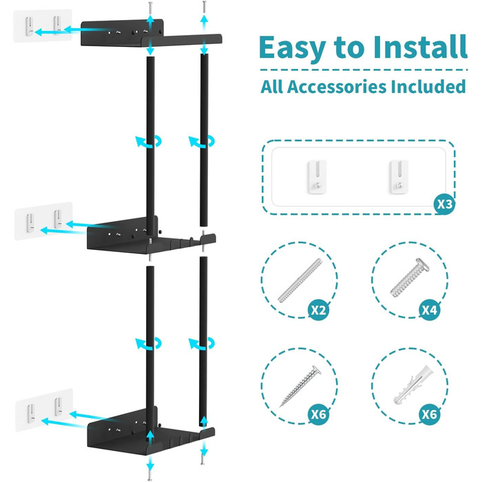 Тримач для рушників без свердління, чорний, з 6 гачками та полицею для ванної кімнати та кухні