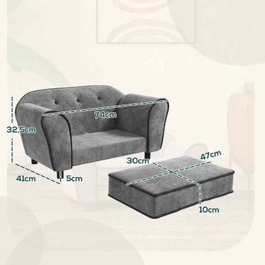 Диван для домашніх тварин PawHut: м'який, з підлокітником, з голландського велюру, сірий, 74 x 41 x 32,5 см