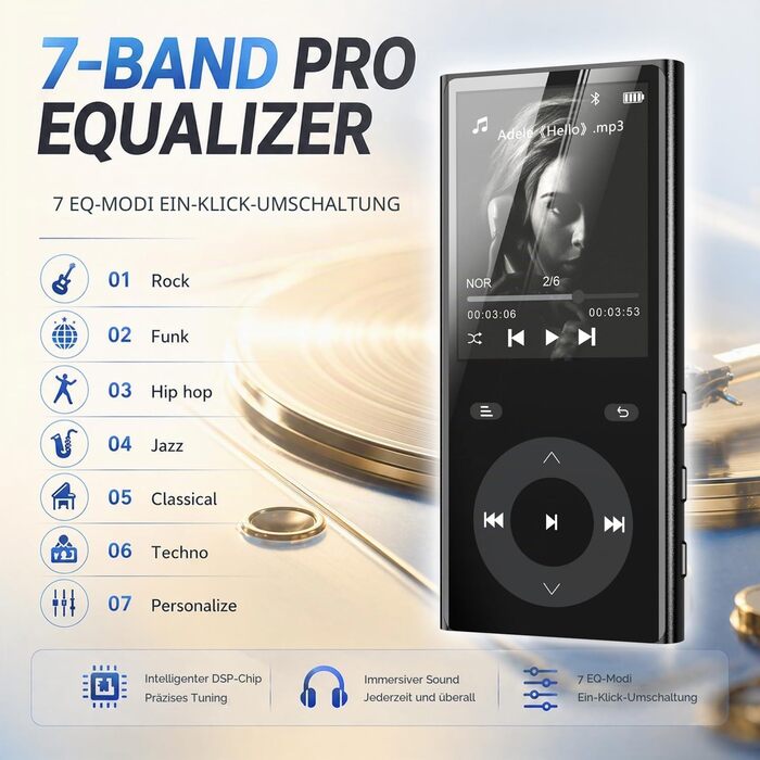 MP3 плеєр з Bluetooth 5.3 та динаміком, 90 ГБ пам'яті, 2.4