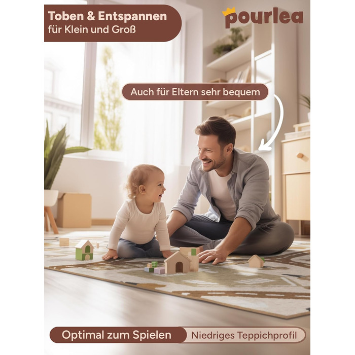 Дитячий килимок pourlea® двосторонній, Oeko Tex, з антиковзкою підкладкою, 140x200 см, ігровий килим Safari та автодороги, для дитячої кімнати, бежевий