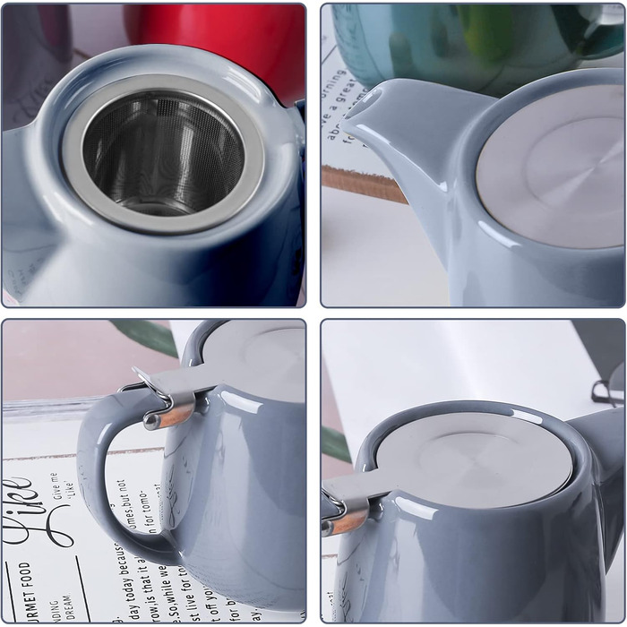 VIVILINEN Porcelain Teapot, Ceramic, Handmade, 18/8 Stainless Steel Strainer, Fine Mesh Stainless Steel Infuser with Filter (Gray)