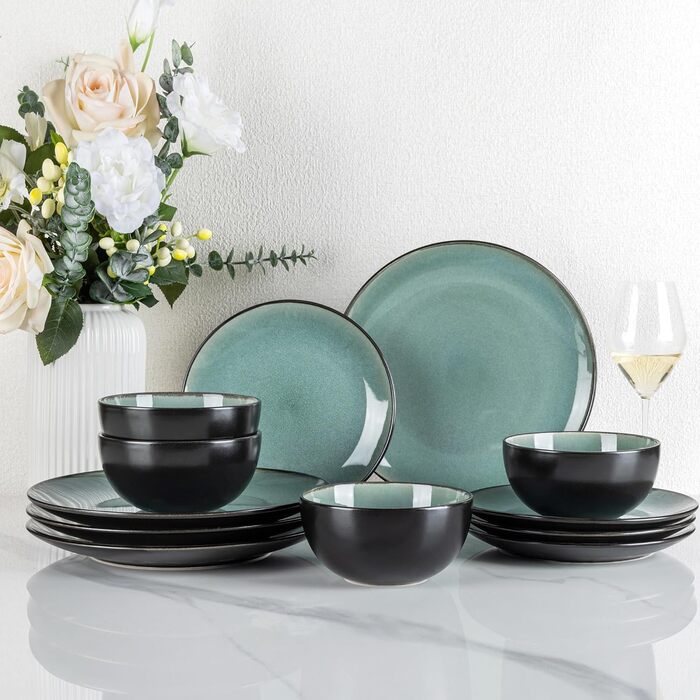 Набір посуду GBhome Steingut для 6 осіб (18 предметів), ручна робота, реактивна глазур, мікрохвильова та посудомийна машини, набір тарілок та мисок (12 предметів, Petrol)