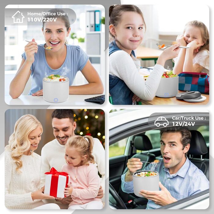 Електрична ланчбокс 80W для дорослих з термосумкою, нержавіюча сталь, виделка та ложка, 2 контейнери по 1.5л, 3-в-1, 12/24/110~230V, витокозахист, ланчбокс для авто, вантажівки, офісу (сірий, 1.2л, євро-штекер)