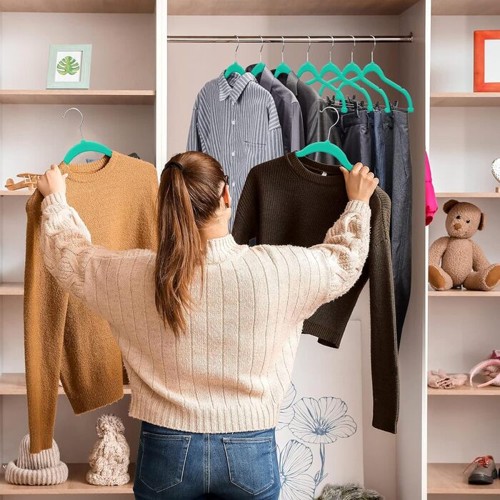 Преміум велюрові плечики VECELO з металевими кліпсами, антиковзкі та компактні, з 1 чарівним плечиком та 2 тримачами для краваток, ідеальні для жінок та чоловіків, 20 шт. (20-PACK, блакитно-зелений/Відтінок раю)