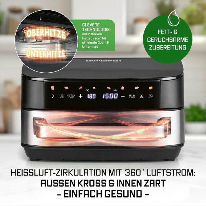 Фритюрниця повітряна GOURMETmaxx AirGenius, 9 л (2 x 4,5 л) з 8 програмами | 2 камери для одночасного приготування | Сенсорний дисплей, для 8 осіб