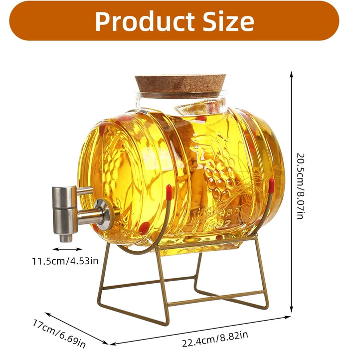 Barrel-shaped drink dispenser, 3L/5L glass water dispenser with stand, barrel decanter with tap, alcohol dispenser ideal for wine, whiskey, beer, juices, lemonade, gifts for friend, husband, father (5L, glass barrel)