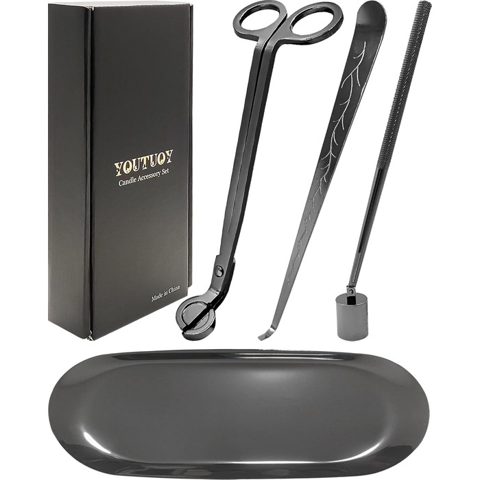YOUTUOY 4-in-1 Candle Accessory Set with Tray, Wick Trimmer, Wick Snuffer, Storage Tray, ideal for scented candle lovers (Black Silver 4-in-1)