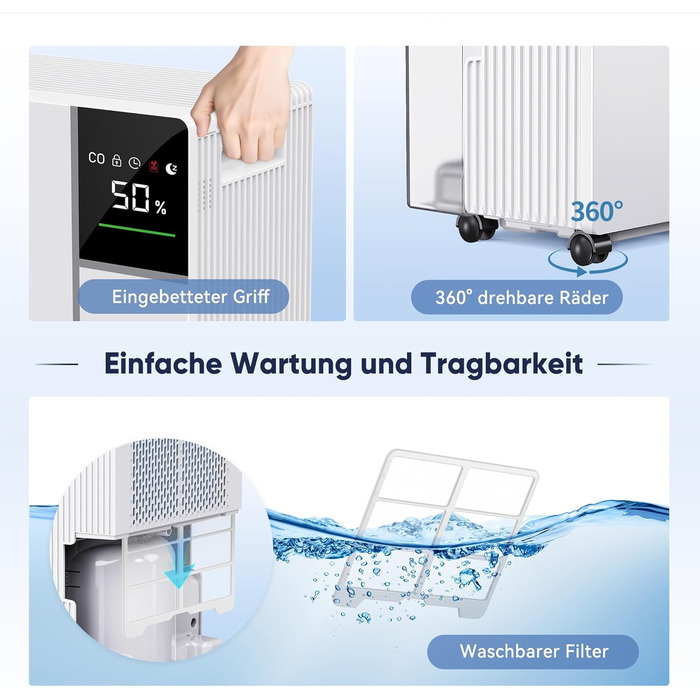 Електричний осушувач повітря Fwoueot 16L/24h для дому: осушувач з компресором для приміщень до 45 м², автоматичне відтанення, 3 режими, таймер 24 години, великий бак 2L, з колесами, для спальні