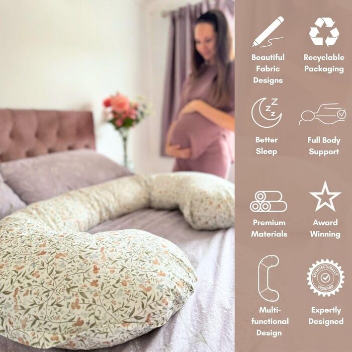 Подушка для вагітних BellaMoon 3-в-1 – підтримка всього тіла, C-подібна форма, для сну, годування та як ліжко для дитини, знімний бавовняний чохол (Waterleaves)