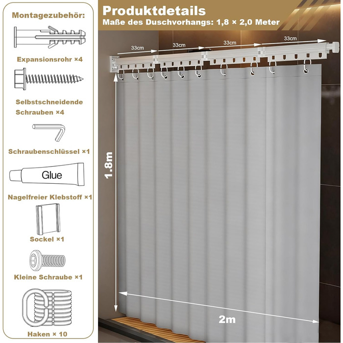 Шторка для душу з розсувною штангою без свердління, 4 секції, обертається, алюмінієвий сплав, водонепроникний антибактеріальний душ-завіса 180x200 см, для ванної кімнати та ванни (білий/сірий)