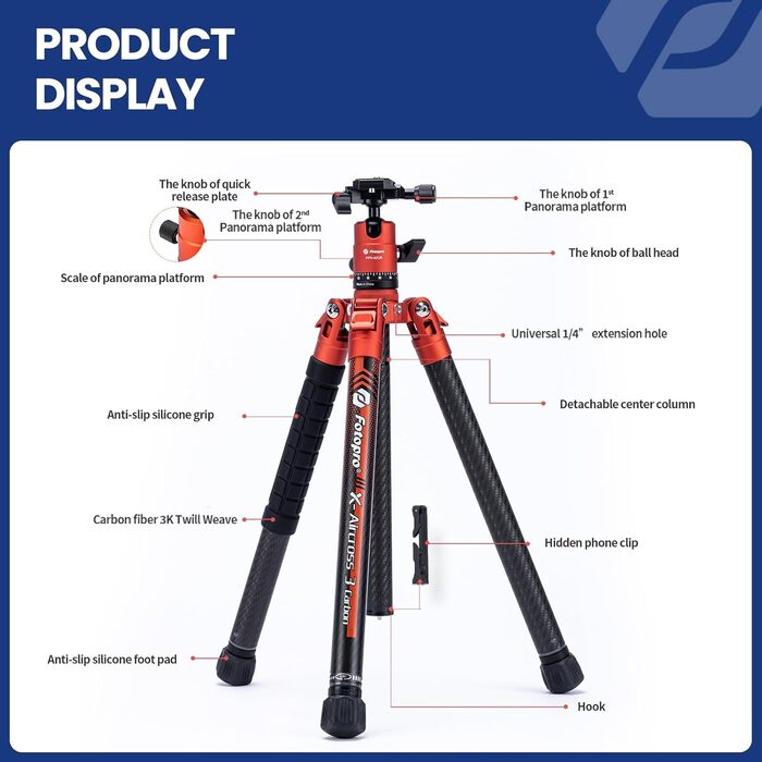 Штатив Fotopro X-Aircross 3 з вуглецевого волокна, 152 см, 360° поворотний кріплення, 0.94 кг, для DSLR, з сумкою, максимальне навантаження 10 кг, помаранчевий