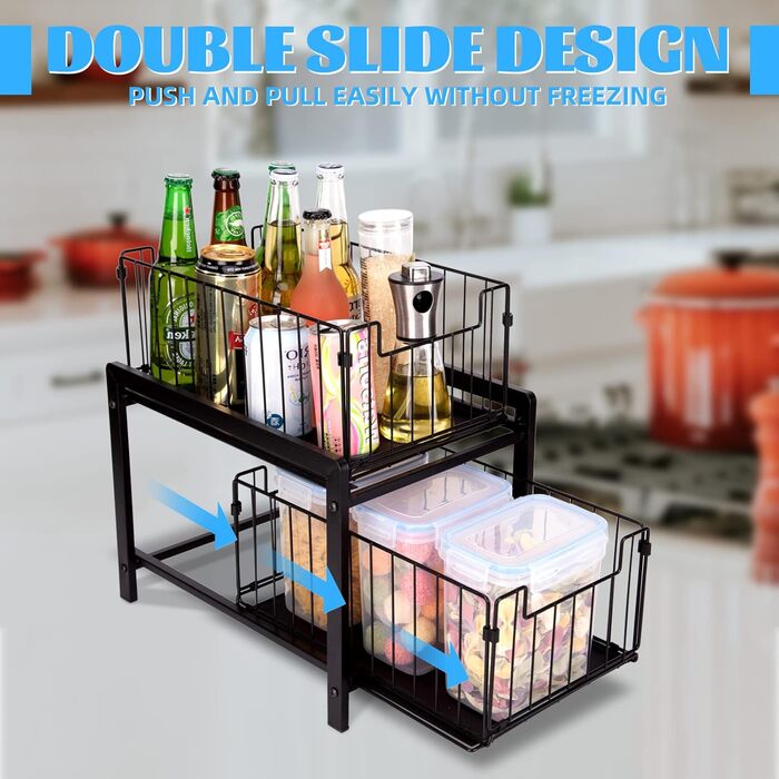 VINILITE Drawer Shelf 2-Tier Pull-Out Cabinet Organizer Kitchen Under-Cabinet Shelf Pull-Out Baskets Dish Cabinet Bathroom Office