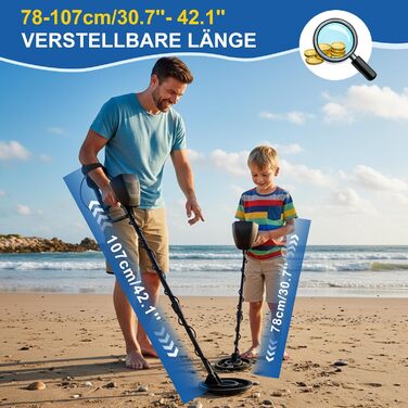 Металодетектор професійний для дорослих, початківців та дітей – легкий, високоточний, водонепроникний, з регульованою довжиною (78–107 см), чорний