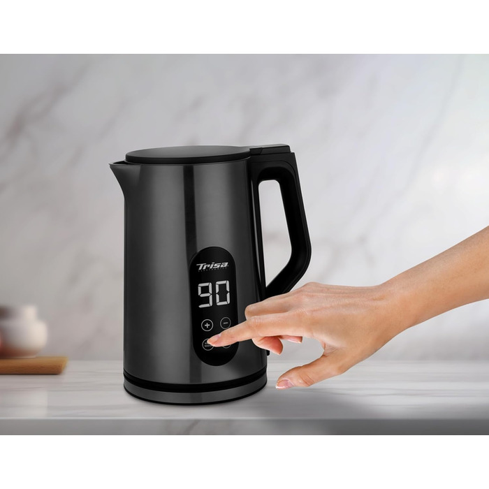 Електричний чайник Trisa Digital Boil з подвійними стінками, 1.7л, регулювання температури (40-100°C), нержавіюча сталь, сенсорне дисплеї, функція підтримання тепла 4г, корпус Cool Touch, колір антрацит