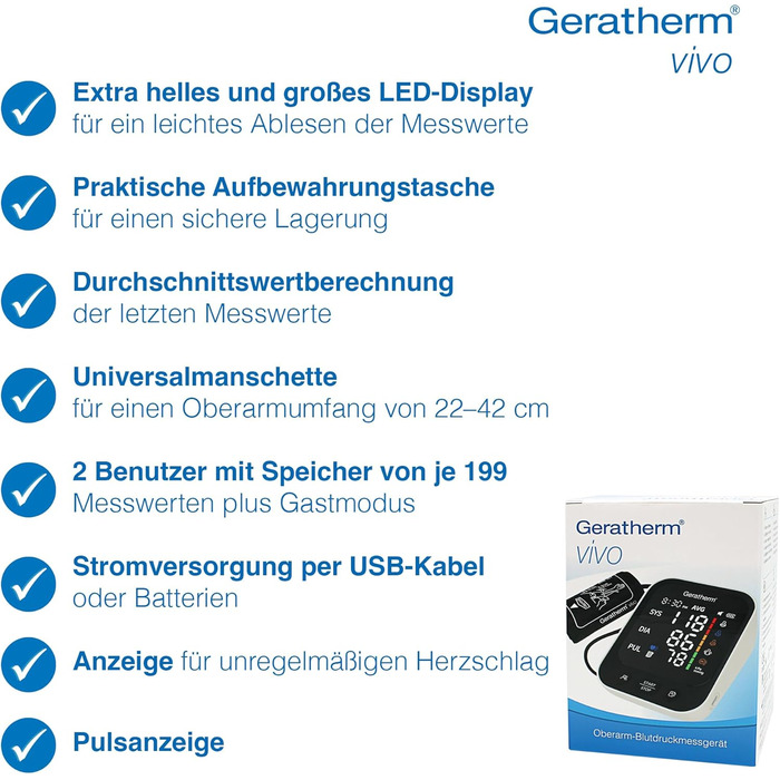 GERATHERM vivo – Точний цифровий тонометр на плечі та пульсометр для двох користувачів з контролем положення манжети та індикатором ВООЗ