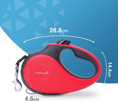 Рулетка для собак FurDreams – міцна висувна поводок (5 м) з надійним гаком для нашийника | Неслизька ручка з блокуванням | Міцний нейлоновий трос, що не заплутується (червоний, великий)