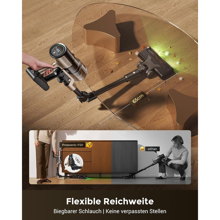 Бездротовий пилосос Proscenic P20 з функцією миття, 70KPa, 70 хв, 680W, самостійна док-станція, фільтр 6 шарів, 1,5л, для килимів та шерсті домашніх тварин, Aurum Black