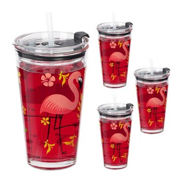 Relaxdays Set of 4 Drinking Glasses with Flamingo Motif