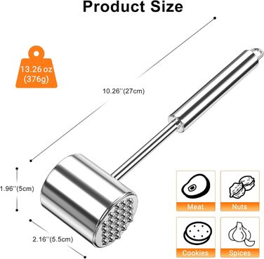 Кліпер для м'яса HOOMIL, двосторонній антипригарний, молоток для відбивання м'яса з неслизькою ручкою, для шніцелів та стейків, срібний (круглий, гладкий срібний)