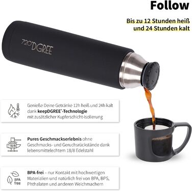 720°DGREE Thermoskanne with Cup 1l “Follow” - 3 Sizes, 12h Hot, 24h Cold, Leak-Proof, BPA-Free - Stainless Steel Thermos Flask, Insulated Bottle for Coffee, Tea at Work, School, To Go