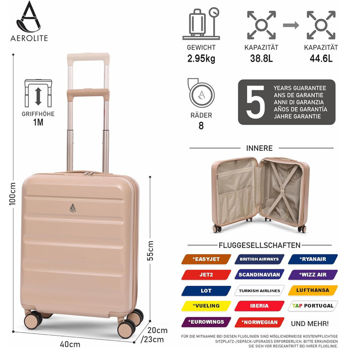 Ручний багаж Aerolite 55x40x20/23 см з 4 колесами (Beige) – сумісний з Lufthansa, Eurowings, Condor, Wizz Air