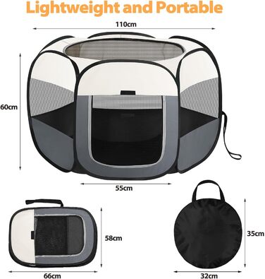 Клітка-прогулянка для цуценят та маленьких тварин, розкладний вольєр для собак, котів, кроликів. Водонепроникний вольєр з Oxford тканини з сумкою для перенесення (білий, 110x110x60 см)