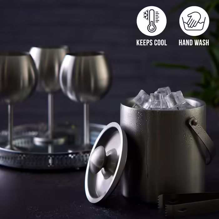 Двошаровий відерце для льоду Oak & Steel з нержавіючої сталі 2 л з кришкою та щипцями, набір із 3 штук — стильний та міцний льодовий контейнер для кубиків льоду