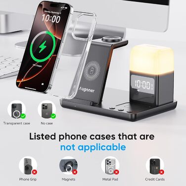 Бездротова зарядка для iPhone 17/16/15/14/13/12, 6-в-1 з нічною лампою та будильником, сумісна з Apple Watch та AirPods (Білий/Чорний)