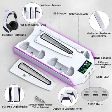 Підставка для PS5 Slim/Pro з зарядною станцією для контролера, RGB підсвічуванням, вентилятором, тримачем для навушників та USB хабом (чорний/білий)