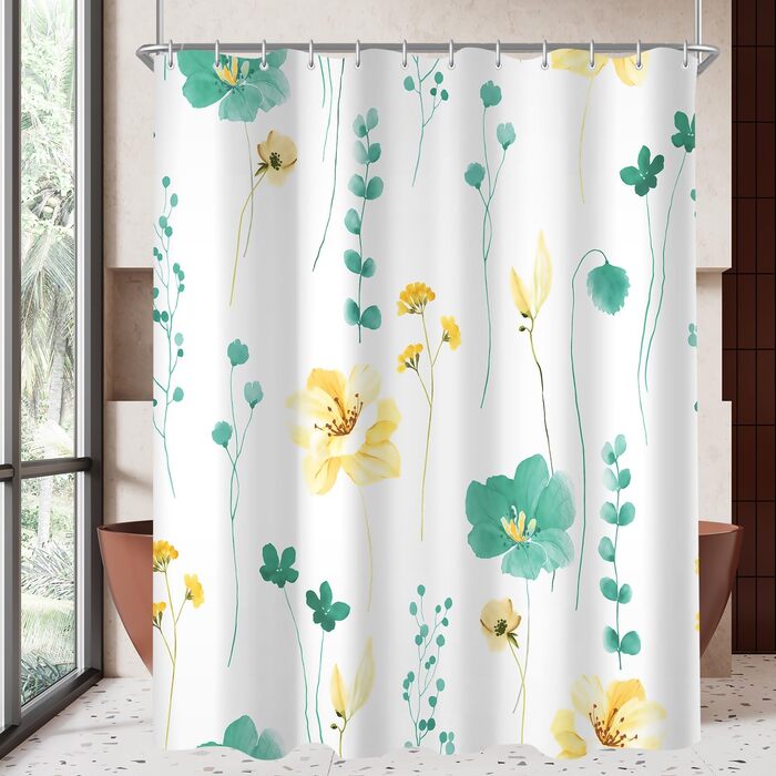 Штора для ванної кімнати 240x200 см, квіти, антигрибкова, водовідштовхувальна, поліестер, з кільцями для душу (М'ятний)