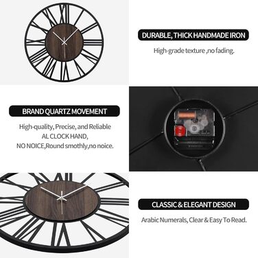 Large Wall Clock, Ticking Sounds, 34CM/14 inch Silent, No Noise, Battery Operated, Modern, Oversized, Retro Vintage Oversized Wall Clock for Living Room, Bedroom and Kitchen (16 inch, Dark Brown - Roman Numbers)