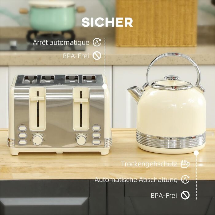 Набір HOMCOM: чайник та тостер 2200 Вт, нержавіюча сталь, 1,7 л, 4-х тостовий, 7 рівнів підсмажування, розморожування, підігріву, зйомний піддон для крихт