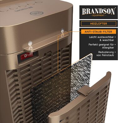 Керамічний обігрівач Brandson з дистанційним керуванням, для ванної кімнати, енергозберігаючий, тихий, з осциляцією, 2 режими нагріву, таймер, сертифікат GS, колір золото