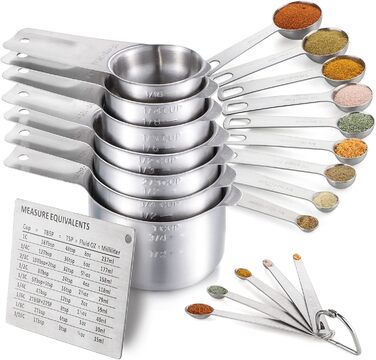 Stainless Steel Measuring Cups and Spoons Set, 5 Measuring Cups and 5 Measuring Spoons for Baking and Cooking, Kitchen Measuring Tools (9+7+5+1)