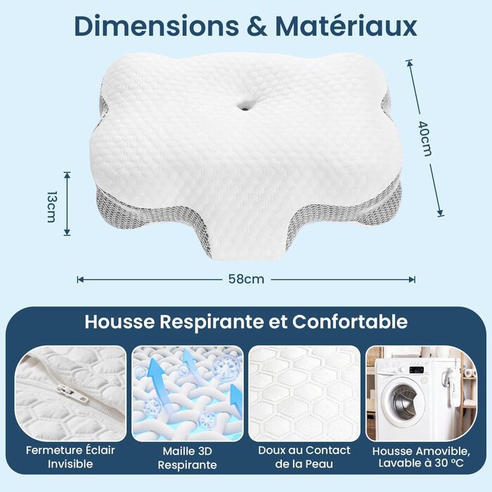 Подушка для шиї з ефектом пам'яті Memory Foam, анатомічна для сну на боці та спині, бежева