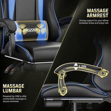 Ігрове крісло Bigzzia Ergonomic Gaming Stuhl з підставкою для ніг та функцією масажу, синій