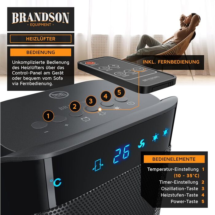 Обігрівач Brandson з пультом керування, енергозберігаючий, тихий, керамічний - для ванної кімнати, з функцією осциляції, 2 режими нагріву, таймер, висока безпека, чорний