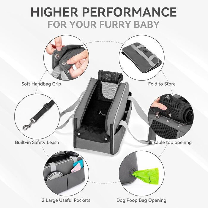 PETSFIT Автокрісло для собак у середній консолі, автокрісло для собак, схвалено авіацією, з ременем безпеки та кишенями, авто/авіа сумка для маленьких собак/кішок до 4.5 кг (Темно-сірий)