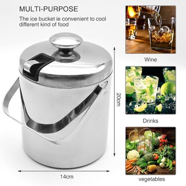 Ейскюбель з нержавіючої сталі з кришкою та лопаткою, 1,6л: для напоїв, пива, вина, фруктів