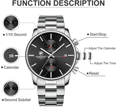 Чоловічий хронограф: водостійкий годинник з нержавіючої сталі та металу з авто-датою, кварцовий механізм, кольорові стрілки (срібло та чорний)