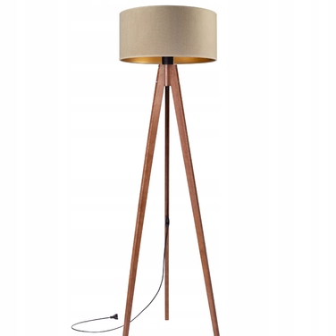 Підлогова торшерна лампа на дерев'яному тринозі (горіх) з велюровим абажуром бежево-золотистого кольору