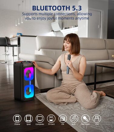 Портативна караоке-машина з 2 мікрофонами та LED-підсвіткою, Bluetooth, PA-система, для дому та вечірок, чорна