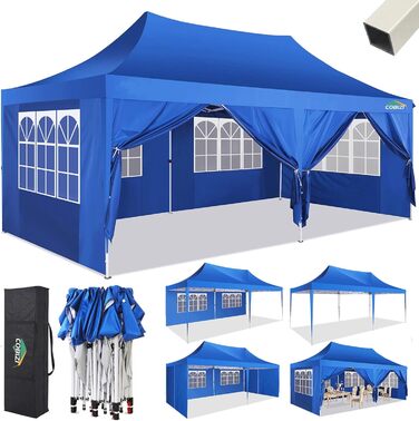 COBIZI Pavilion 3x3 Waterproof Stable Winterproof Party Tent 3x3 with 4 Side Walls Pop Up Folding Pavilion UV Protection 50+ Garden Pavilion With Handbag, 8X Pegs and 4X Wind Rope, (Light Blue, 3x6 m)