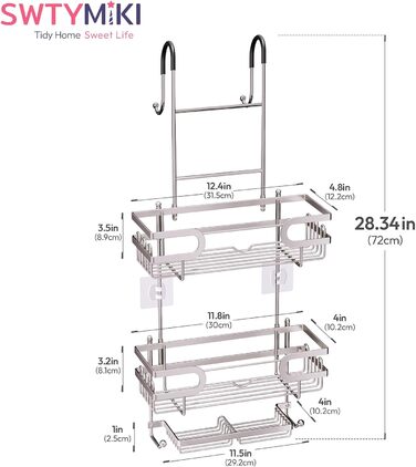 Настінна поличка для душу SWTYMIKI з нержавіючої сталі, сірого кольору - 2 корзини, 2 мильниці, 14 гачків